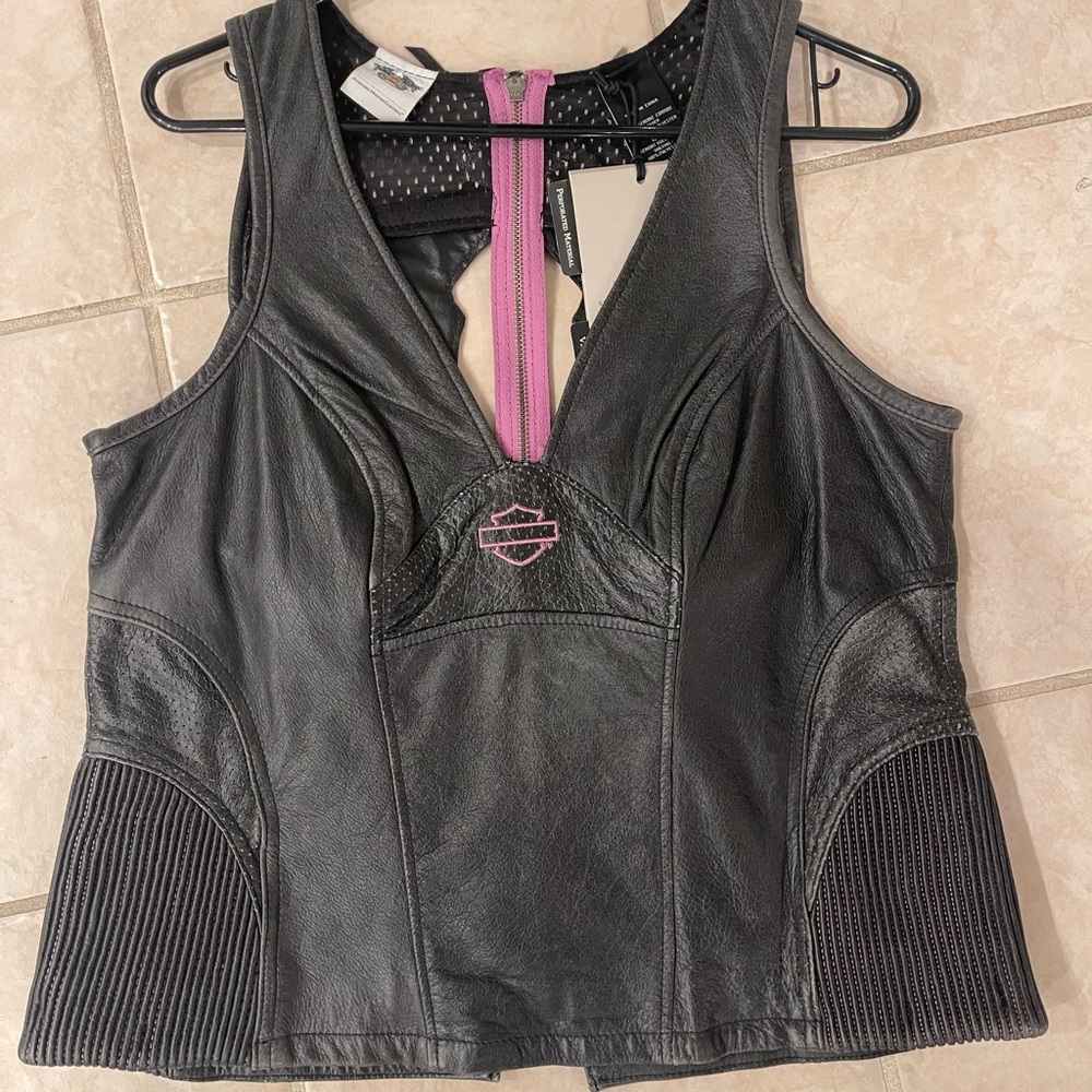 Harley-Davidson Black Leather Vest with Pink Zipper